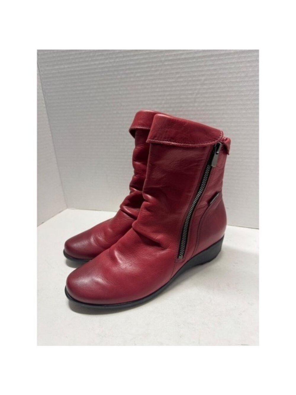 Mephisto Air-Jet Red Leather Slouch Ankle Boots Side Zip Wedge US 6
